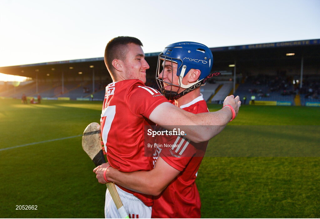 27 July 2021; Shane Kennedy of Cork, left, with team-mate Darragh O'Sullivan after the Electric Ireland Munster GAA Minor Hurling Championship Semi-Final match between Limerick and Cork at Semple Stadium in Thurles, Tipperary. Photo by Eóin Noonan/Sportsfile