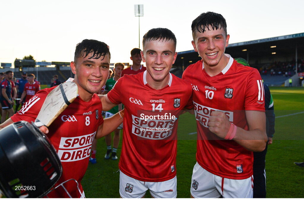 27 July 2021; Cork players, from left, Mikey Finn, Jack Leahy and Diarmuid Healy after the Electric Ireland Munster GAA Minor Hurling Championship Semi-Final match between Limerick and Cork at Semple Stadium in Thurles, Tipperary. Photo by Eóin Noonan/Sportsfile