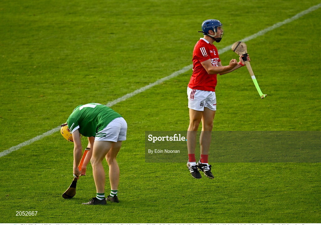 27 July 2021; Darragh O'Sullivan of Cork celebrates after his side scored their first goal during the Electric Ireland Munster GAA Minor Hurling Championship Semi-Final match between Limerick and Cork at Semple Stadium in Thurles, Tipperary. Photo by Eóin Noonan/Sportsfile