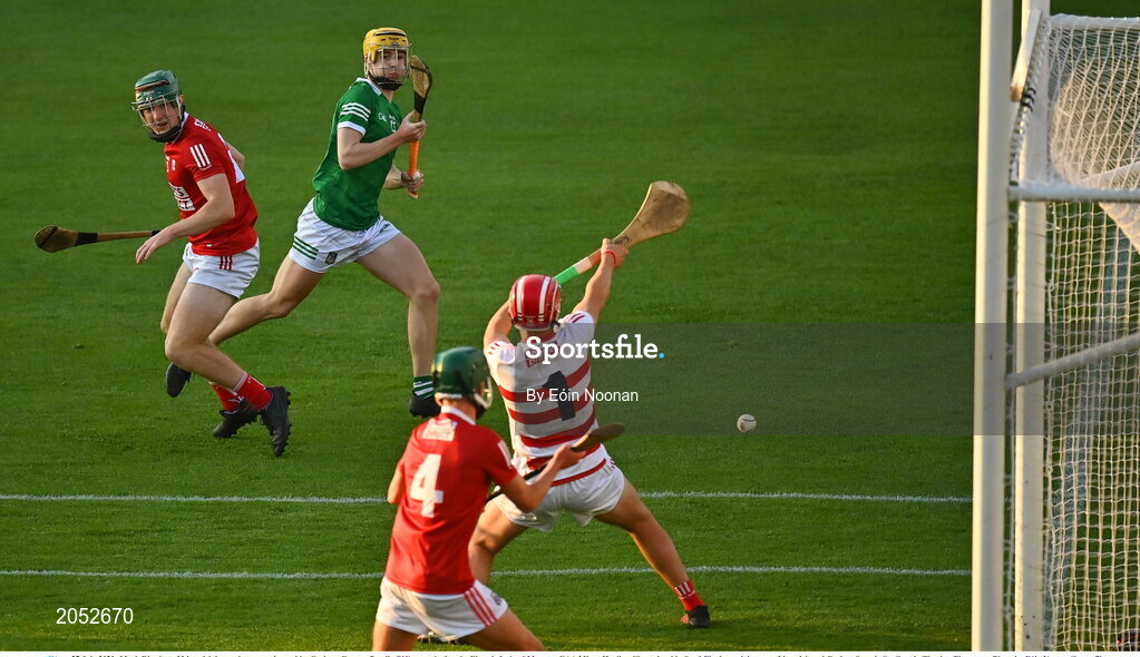 27 July 2021; Mark Riordan of Limerick has a shot on goal saved by Cork goalkeeper Paudie O'Connor during the Electric Ireland Munster GAA Minor Hurling Championship Semi-Final match between Limerick and Cork at Semple Stadium in Thurles, Tipperary. Photo by Eóin Noonan/Sportsfile