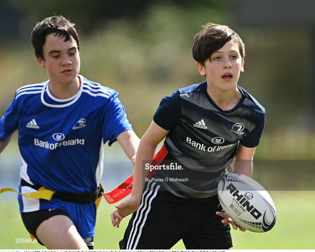 4 August 2021; Callum Sexton, age 12, during the Bank of Ireland Leinster Rugby Summer Camp Tullamore RFC in Tullamore, Offaly. Photo by Piaras Ó Mídheach/Sportsfile