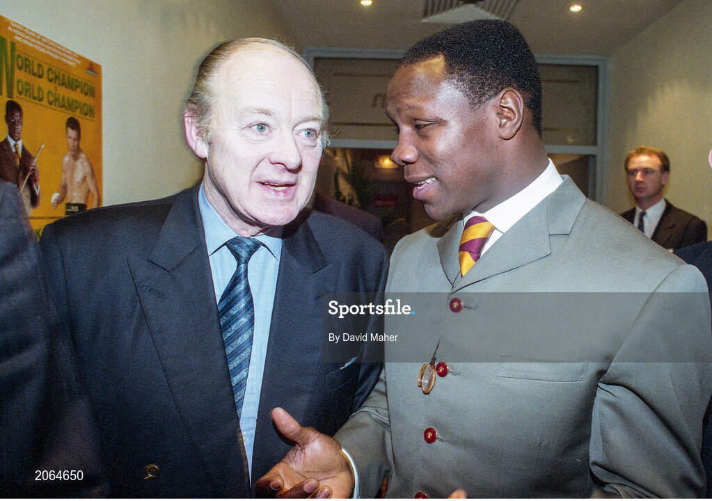 6 February 1995; WBO super middleweight champion Chris Eubank with promoter Barney Eastwood as he arrives for a press conference at the Jury's Hotel in Ballsbridge, Dublin, ahead of his WBO super middleweight title fight against Steve Collins in Cork in March. Photo by David Maher/Sportsfile