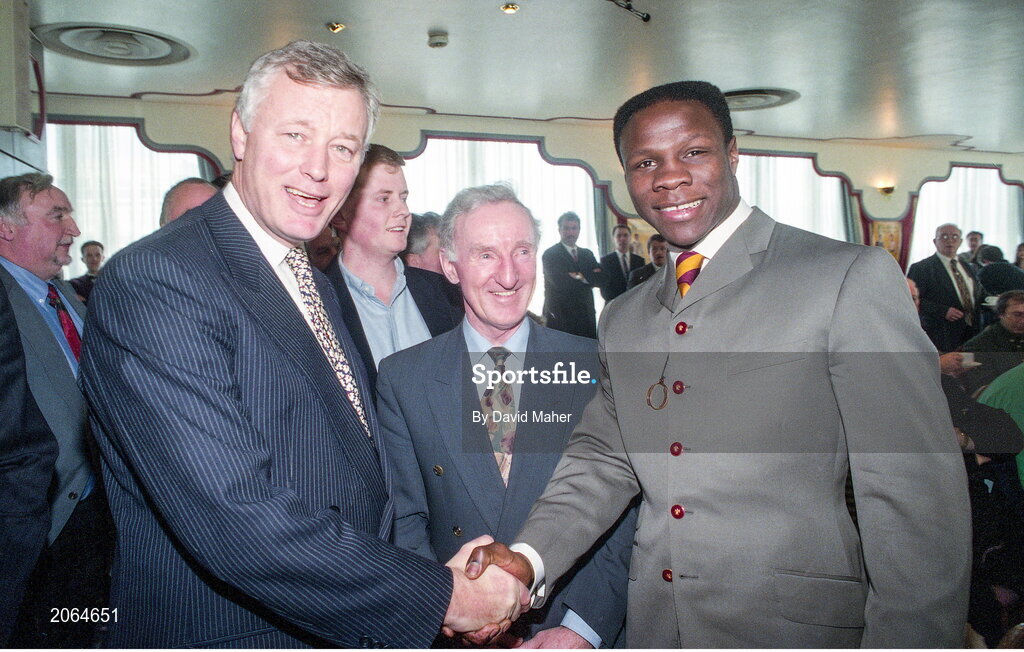 6 February 1995; WBO super middleweight champion Chris Eubank with promoter Barry Hearn, left, and owner of the Green Glens Arena in Millstreet, Noel C Duggan, as he arrives for a press conference at the Jury's Hotel in Ballsbridge, Dublin ahead of his WBO super middleweight title fight against Steve Collins in Cork in March. Photo by David Maher/Sportsfile