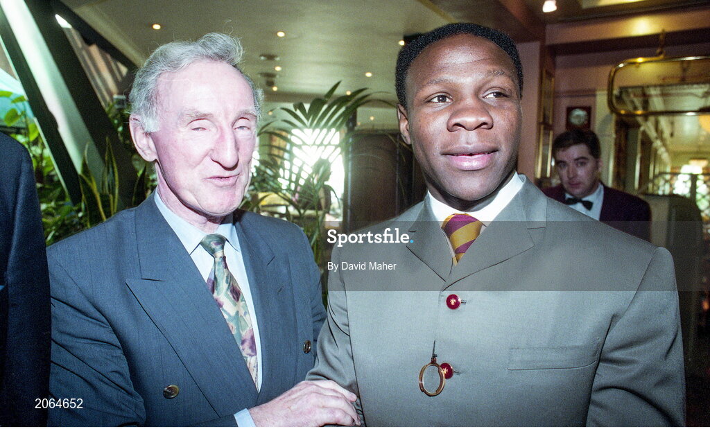 6 February 1995; WBO super middleweight champion Chris Eubank with owner of the Green Glens Arena in Milstreet, Noel C Duggan, as he arrives for a press conference at the Jury's Hotel in Ballsbridge, Dublin ahead of his WBO super middleweight title fight against Steve Collins in Cork in March. Photo by David Maher/Sportsfile