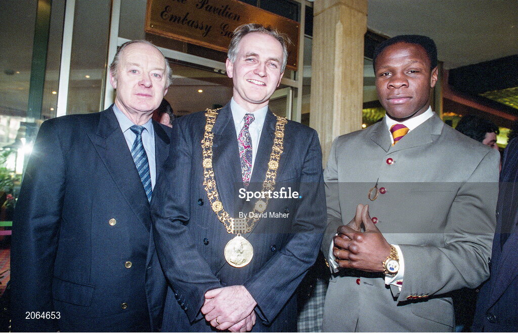 6 February 1995; WBO super middleweight champion Chris Eubank with promoter Barney Eastwood, left, and Lord Mayor of Dublin, Councillor John Gormley, as he arrives for a press conference at the Jury's Hotel in Ballsbridge, Dublin, ahead of his WBO super middleweight title fight against Steve Collins in Cork in March. Photo by David Maher/Sportsfile