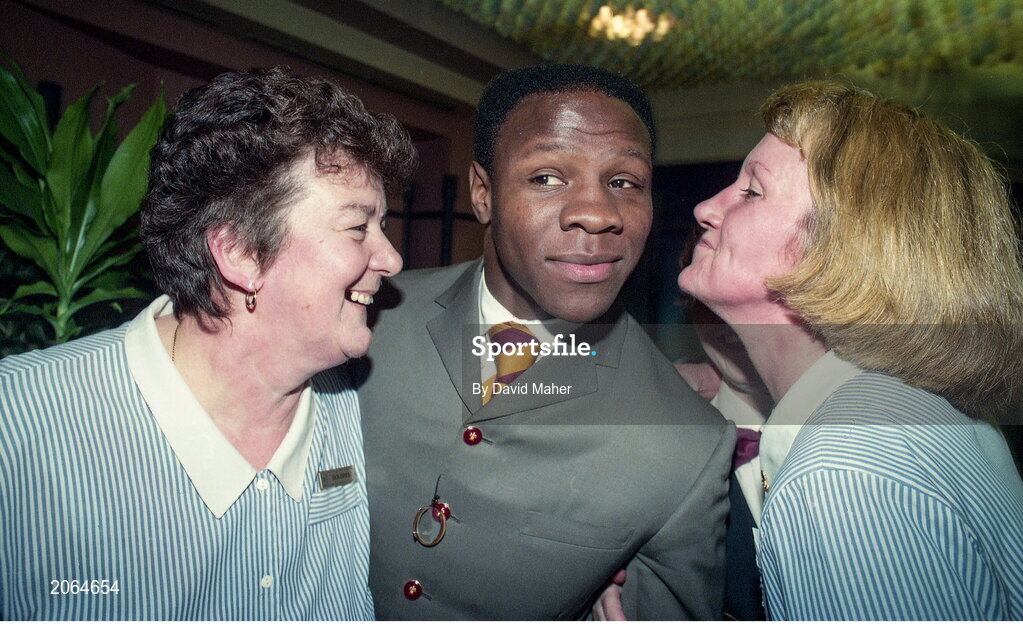 6 February 1995; WBO super middleweight champion Chris Eubank with staff of Jury's Hotel as he arrives for a press conference at the Jury's Hotel in Ballsbridge, Dublin ahead of his WBO super middleweight title fight against Steve Collins in Cork in March. Photo by David Maher/Sportsfile
