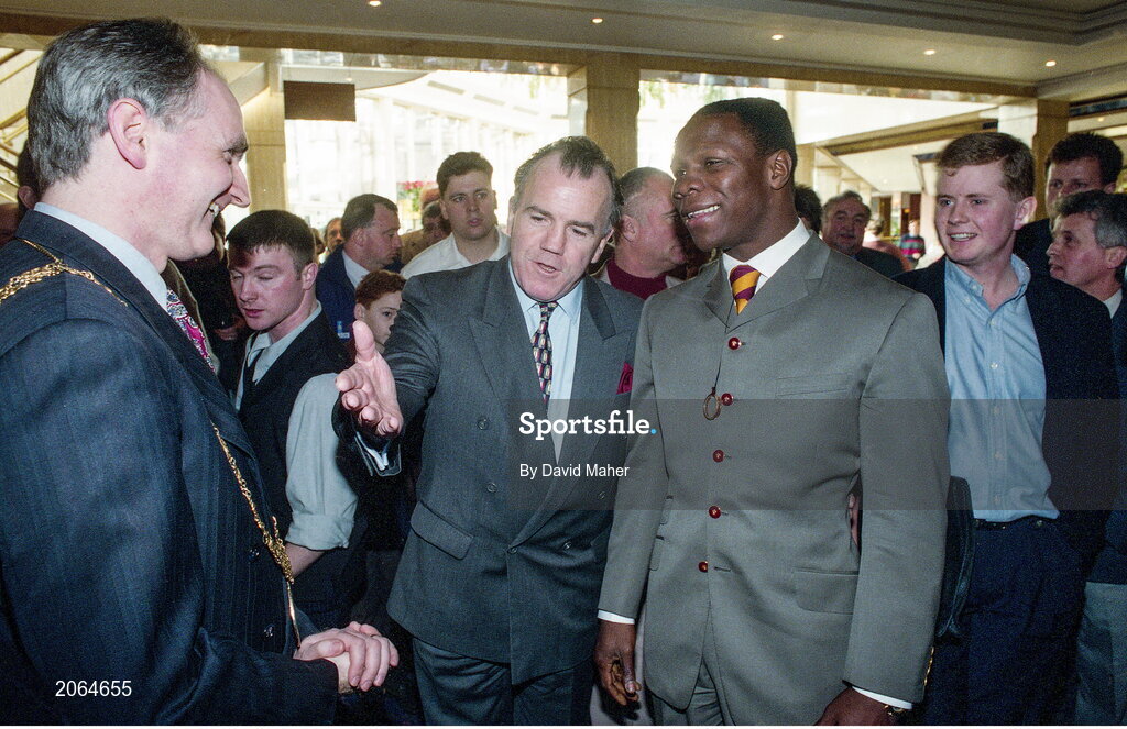 6 February 1995; WBO super middleweight champion Chris Eubank is introduced to Lord Mayor of Dublin, Councillor John Gormley, left, by manager of Jury's Hotel Dick Bourke as he arrives for a press conference at the Jury's Hotel in Ballsbridge, Dublin ahead of his WBO super middleweight title fight against Steve Collins in Cork in March. Photo by David Maher/Sportsfile