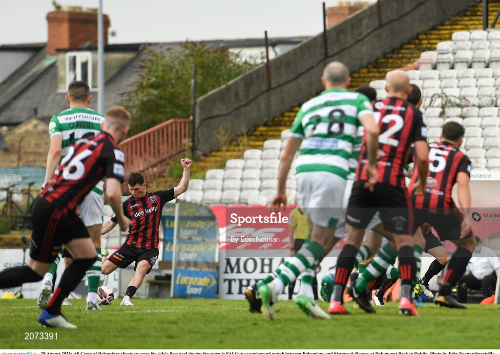 29 August 2021; Ali Coote of Bohemians shoots to score his side's first goal during the extra.ie FAI Cup second round match between Bohemians and Shamrock Rovers at Dalymount Park in Dublin. Photo by Eóin Noonan/Sportsfile