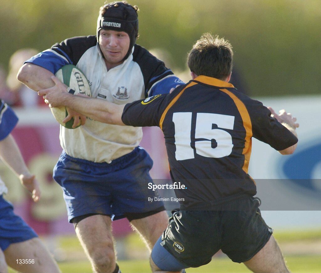 28 February 2004; Conrad O'Sullivan, Cork Constitution, in action against Niall O'Hara, Buccaneers. AIB All Ireland League 2003-2004, Division 1, Cork Constitution v Buccaneers, Temple Hill, Cork. Picture credit; Damien Eagers / SPORTSFILE *EDI*
