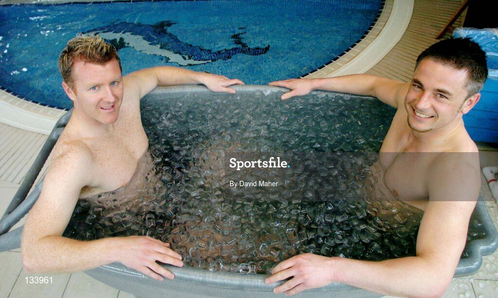 3 March 2004; St. Patrick's Athletic players Barry Prenderville, left, and Tony Bird sit in a tub of ice as part of their training exercises. Sports Centre, City West Hotel, Co. Dublin. Picture credit; David Maher / SPORTSFILE *EDI*