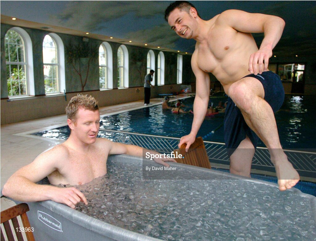 3 March 2004; St. Patrick's Athletic players Barry Prenderville, left, and Tony Bird climbs in to a tub of ice as part of their training exercises. City West Hotel, Co. Dublin. Picture credit; David Maher / SPORTSFILE *EDI*