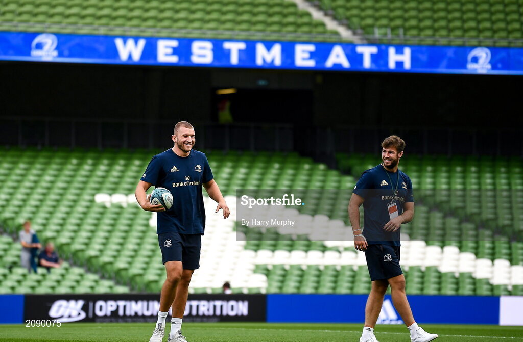 25 September 2021; Ross Molony, left, and Caelan Doris of Leinster before the United Rugby Championship match between Leinster and Vodacom Bulls at the Aviva Stadium in Dublin.  Photo by Harry Murphy/Sportsfile