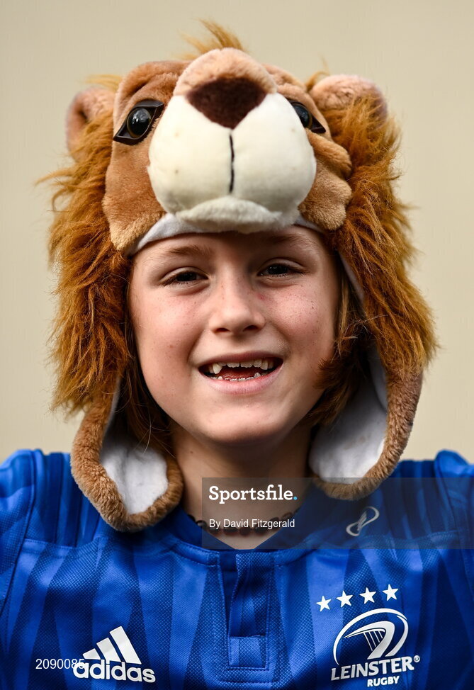 25 September 2021; Leinster supporter Sam Harper, age 10, from Kilkenny City prior to the United Rugby Championship match between Leinster and Vodacom Bulls at Aviva Stadium in Dublin. Photo by David Fitzgerald/Sportsfile