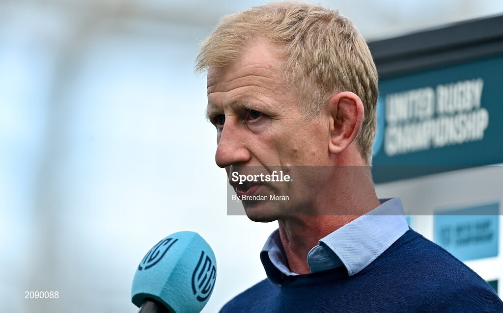 25 September 2021; Leinster head coach Leo Cullen is interviewed before the United Rugby Championship match between Leinster and Vodacom Bulls at Aviva Stadium in Dublin. Photo by Brendan Moran/Sportsfile