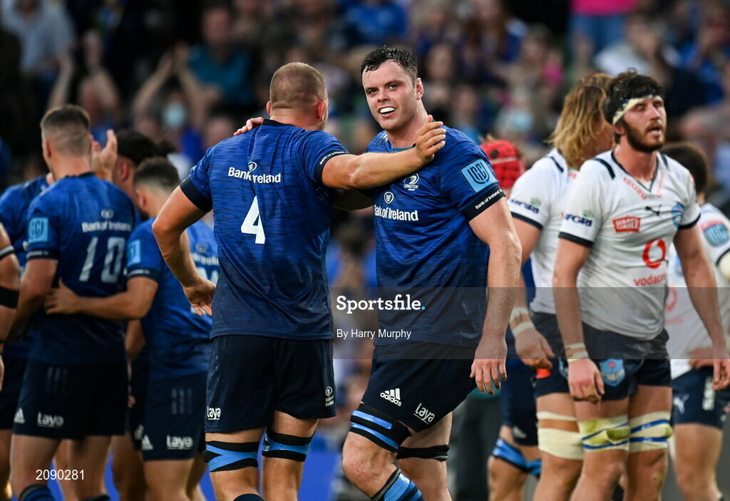 25 September 2021; James Ryan of Leinster and Ross Molony celebrate their side's third try during the United Rugby Championship match between Leinster and Vodacom Bulls at the Aviva Stadium in Dublin. Photo by Harry Murphy/Sportsfile
