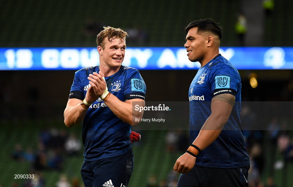 25 September 2021; Josh van der Flier, left, and Michael Ala'alatoa of Leinster after the United Rugby Championship match between Leinster and Vodacom Bulls at the Aviva Stadium in Dublin. Photo by Harry Murphy/Sportsfile
