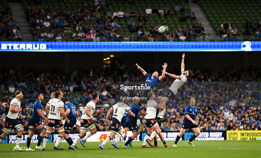 25 September 2021; A general view of a lineout during the United Rugby Championship match between Leinster and Vodacom Bulls at the Aviva Stadium in Dublin. Photo by Harry Murphy/Sportsfile