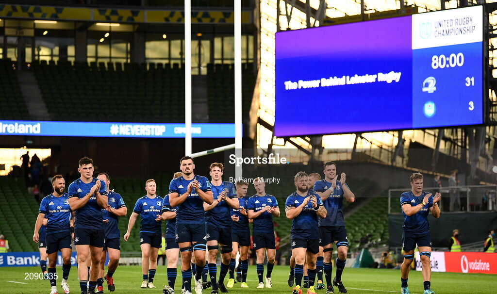 25 September 2021; Leinster players, applaud supporters after the United Rugby Championship match between Leinster and Vodacom Bulls at the Aviva Stadium in Dublin. Photo by Harry Murphy/Sportsfile