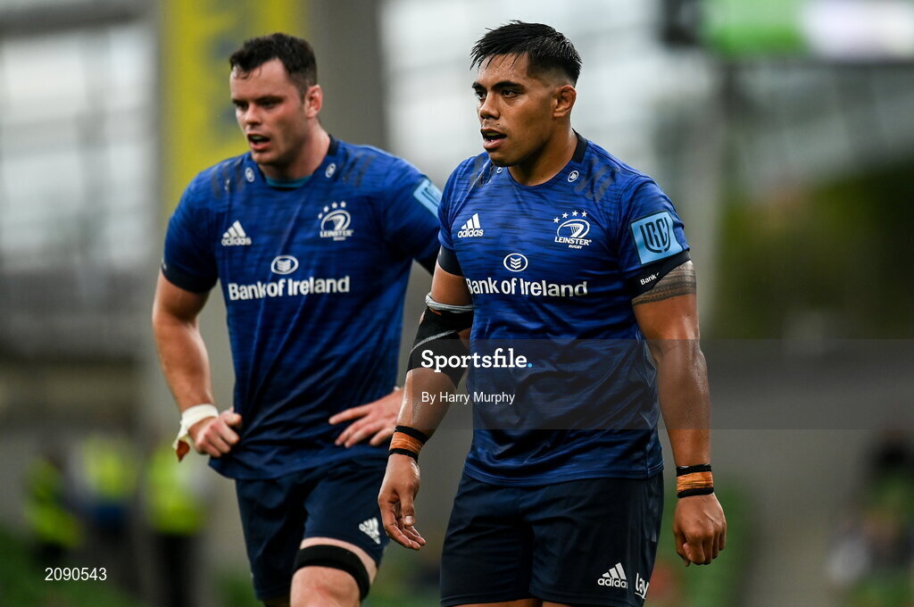 25 September 2021; Michael Ala'alatoa, right, and James Ryan of Leinster during the United Rugby Championship match between Leinster and Vodacom Bulls at the Aviva Stadium in Dublin. Photo by Harry Murphy/Sportsfile