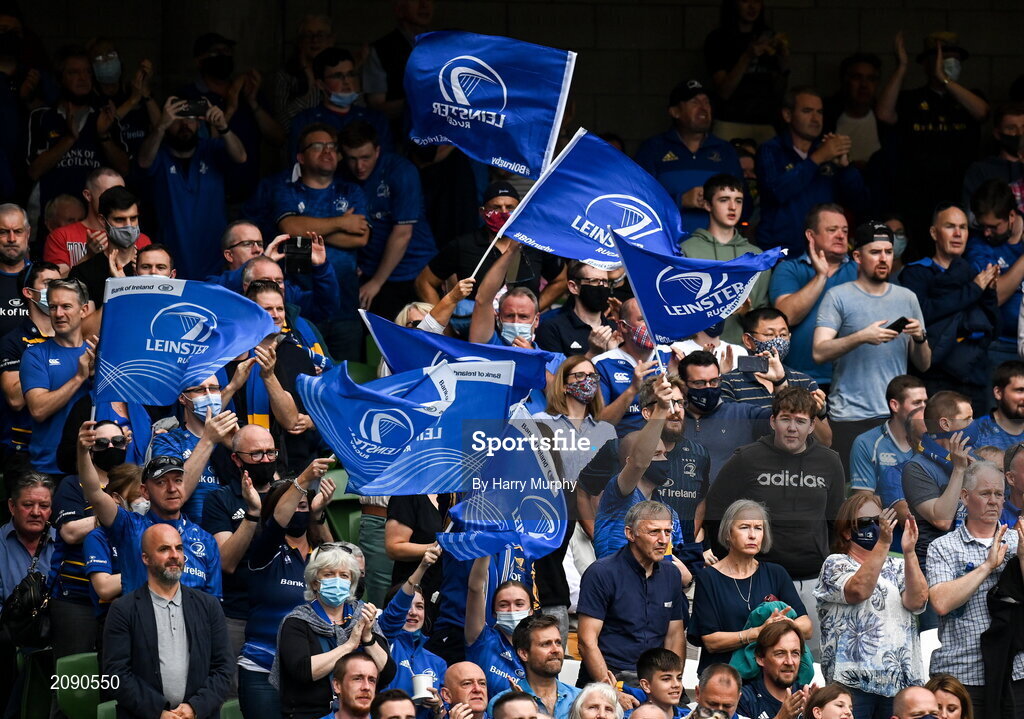 25 September 2021; Leinster supporters during the United Rugby Championship match between Leinster and Vodacom Bulls at the Aviva Stadium in Dublin. Photo by Harry Murphy/Sportsfile