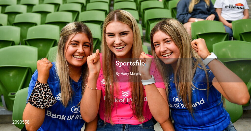 25 September 2021; Leinster supporters, from left, Laura Montgomery, Leah Kerry and Zara Montgomery before the United Rugby Championship match between Leinster and Vodacom Bulls at the Aviva Stadium in Dublin. Photo by Harry Murphy/Sportsfile