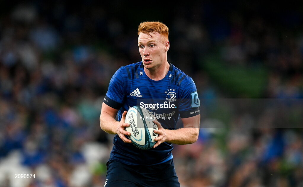 25 September 2021; Ciarán Frawley of Leinster during the United Rugby Championship match between Leinster and Vodacom Bulls at the Aviva Stadium in Dublin. Photo by Harry Murphy/Sportsfile