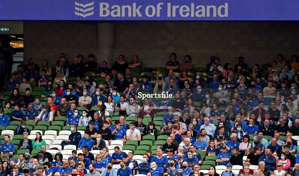 25 September 2021; Leinster supporters during the United Rugby Championship match between Leinster and Vodacom Bulls at Aviva Stadium in Dublin. Photo by Brendan Moran/Sportsfile