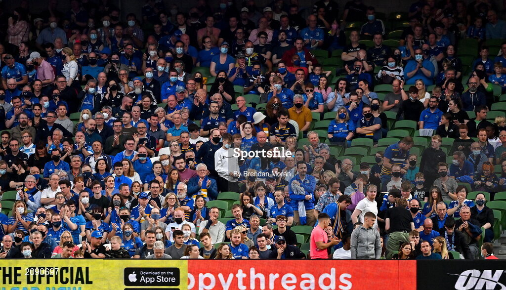 25 September 2021; Leinster supporters during the United Rugby Championship match between Leinster and Vodacom Bulls at Aviva Stadium in Dublin. Photo by Brendan Moran/Sportsfile