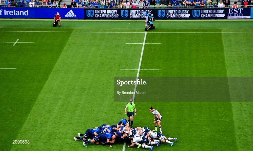 25 September 2021; A general view of a scrum during the United Rugby Championship match between Leinster and Vodacom Bulls at Aviva Stadium in Dublin. Photo by Brendan Moran/Sportsfile