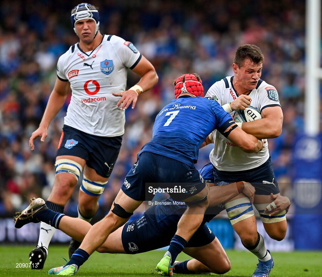 25 September 2021; Elrigh Louw of Vodacom Bulls is tackled by Josh van der Flier of Leinster during the United Rugby Championship match between Leinster and Vodacom Bulls at Aviva Stadium in Dublin. Photo by Brendan Moran/Sportsfile
