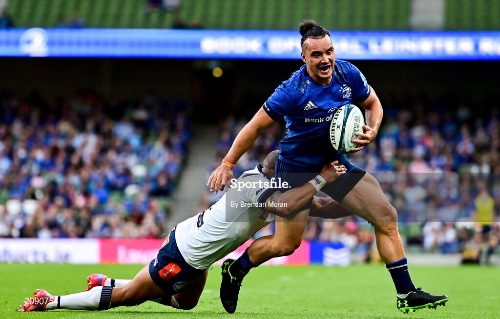 25 September 2021; James Lowe of Leinster is tackled by Cornal Hendricks of Vodacom Bulls during the United Rugby Championship match between Leinster and Vodacom Bulls at Aviva Stadium in Dublin. Photo by Brendan Moran/Sportsfile