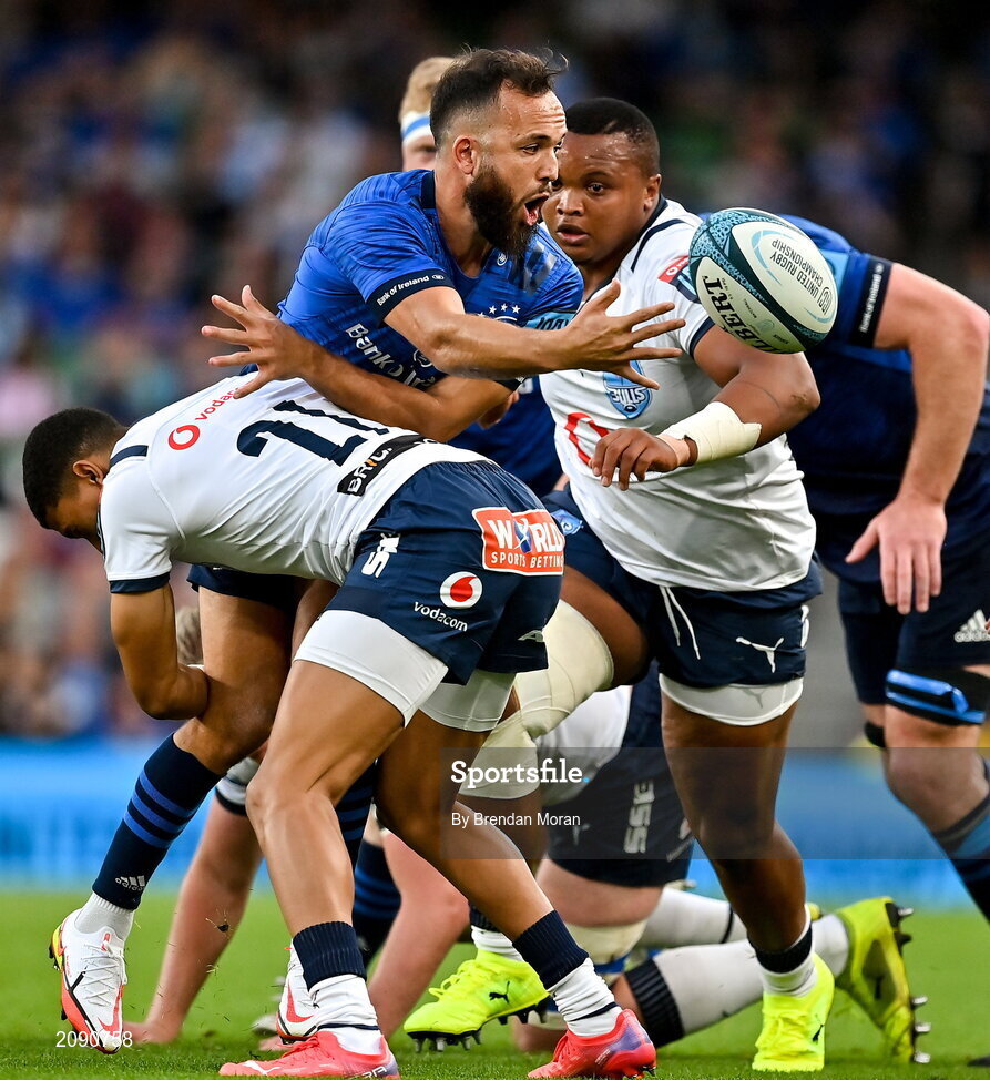 25 September 2021; Jamison Gibson-Park of Leinster is tackled by Keagan Johannes of Vodacom Bulls during the United Rugby Championship match between Leinster and Vodacom Bulls at Aviva Stadium in Dublin. Photo by Brendan Moran/Sportsfile