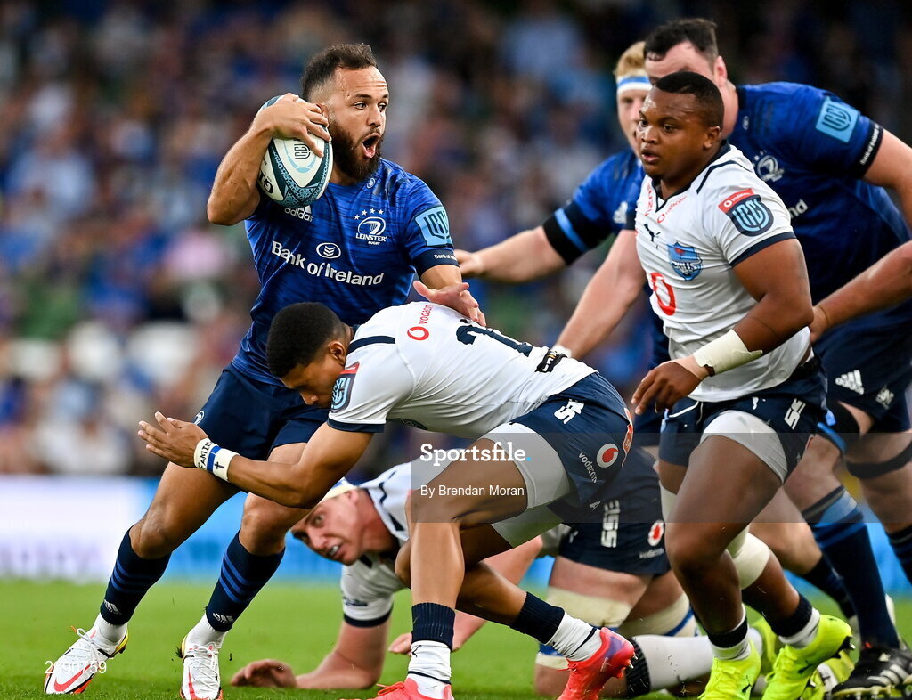 25 September 2021; Jamison Gibson-Park of Leinster is tackled by Keagan Johannes of Vodacom Bulls during the United Rugby Championship match between Leinster and Vodacom Bulls at Aviva Stadium in Dublin. Photo by Brendan Moran/Sportsfile