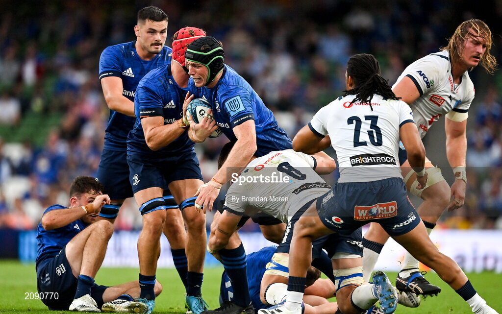 25 September 2021; Ryan Baird of Leinster is tackled by Elrigh Louw of Vodacom Bulls during the United Rugby Championship match between Leinster and Vodacom Bulls at Aviva Stadium in Dublin. Photo by Brendan Moran/Sportsfile
