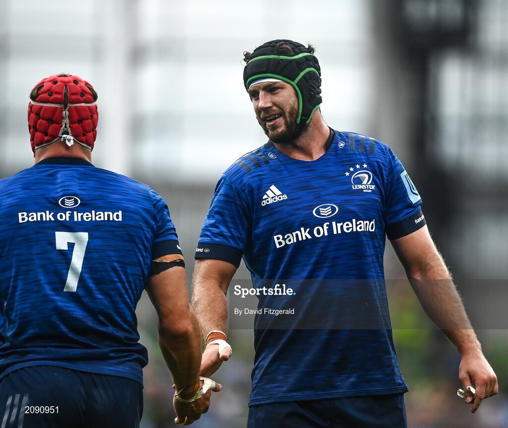 25 September 2021; Caelan Doris of Leinster, right, with Josh van der Flier during the United Rugby Championship match between Leinster and Vodacom Bulls at Aviva Stadium in Dublin.  Photo by David Fitzgerald/Sportsfile