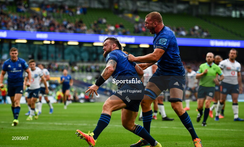 25 September 2021; Andrew Porter of Leinster celebrates after scoring his side's second try with Ross Molony during the United Rugby Championship match between Leinster and Vodacom Bulls at Aviva Stadium in Dublin.  Photo by David Fitzgerald/Sportsfile
