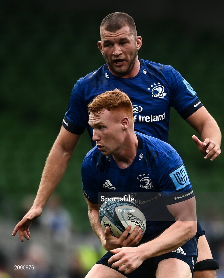 25 September 2021; Ciarán Frawley of Leinster, front, and Ross Molony during the United Rugby Championship match between Leinster and Vodacom Bulls at Aviva Stadium in Dublin.  Photo by David Fitzgerald/Sportsfile