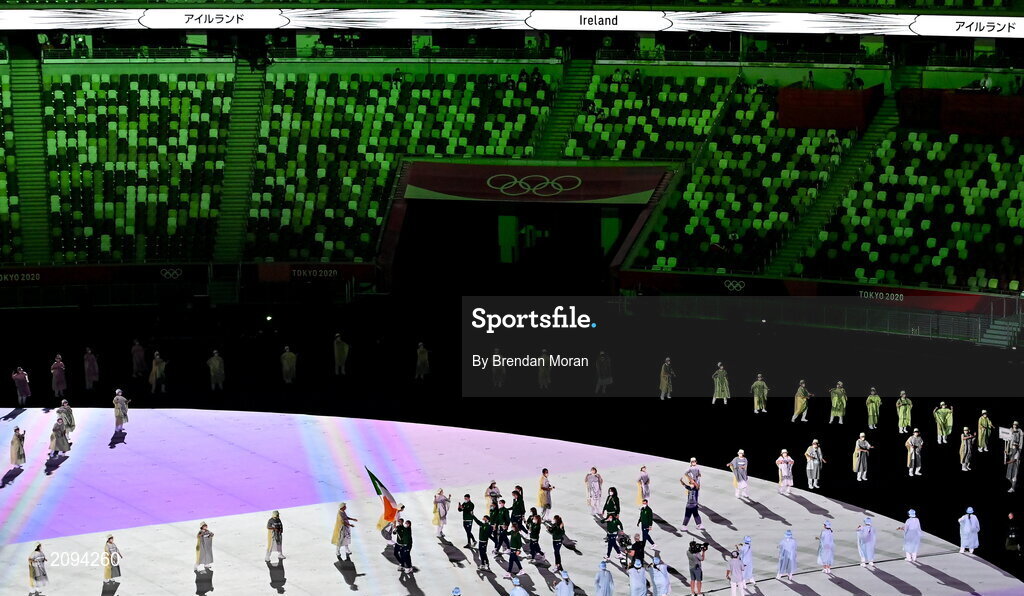 23 July 2021; Team Ireland during the 2020 Tokyo Summer Olympic Games opening ceremony at the Olympic Stadium in Tokyo, Japan. Photo by Brendan Moran/Sportsfile