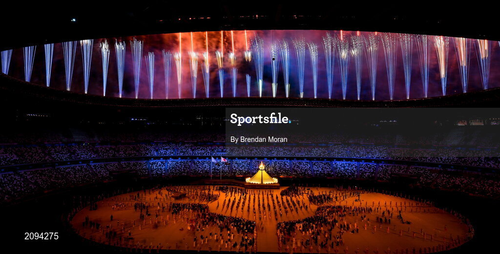 23 July 2021; The Olympic flame is lit as fireworks go off during the 2020 Tokyo Summer Olympic Games opening ceremony at the Olympic Stadium in Tokyo, Japan. Photo by Brendan Moran/Sportsfile