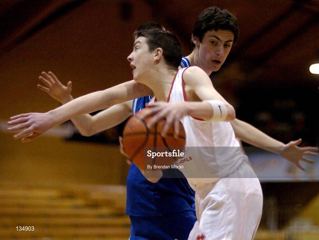 23 March 2004; Kevin Cahill, St Pat's, Shannon, in action against Barry Guihan, Dunshaughlin. All-Ireland Schoolboys Basketball League, U16 'C'  Final, Dunshaughlin Community College, Meath v St Pat's, Shannon, Co. Clare, ESB Arena, Tallaght, Dublin. Picture credit; Brendan Moran / SPORTSFILE *EDI*
