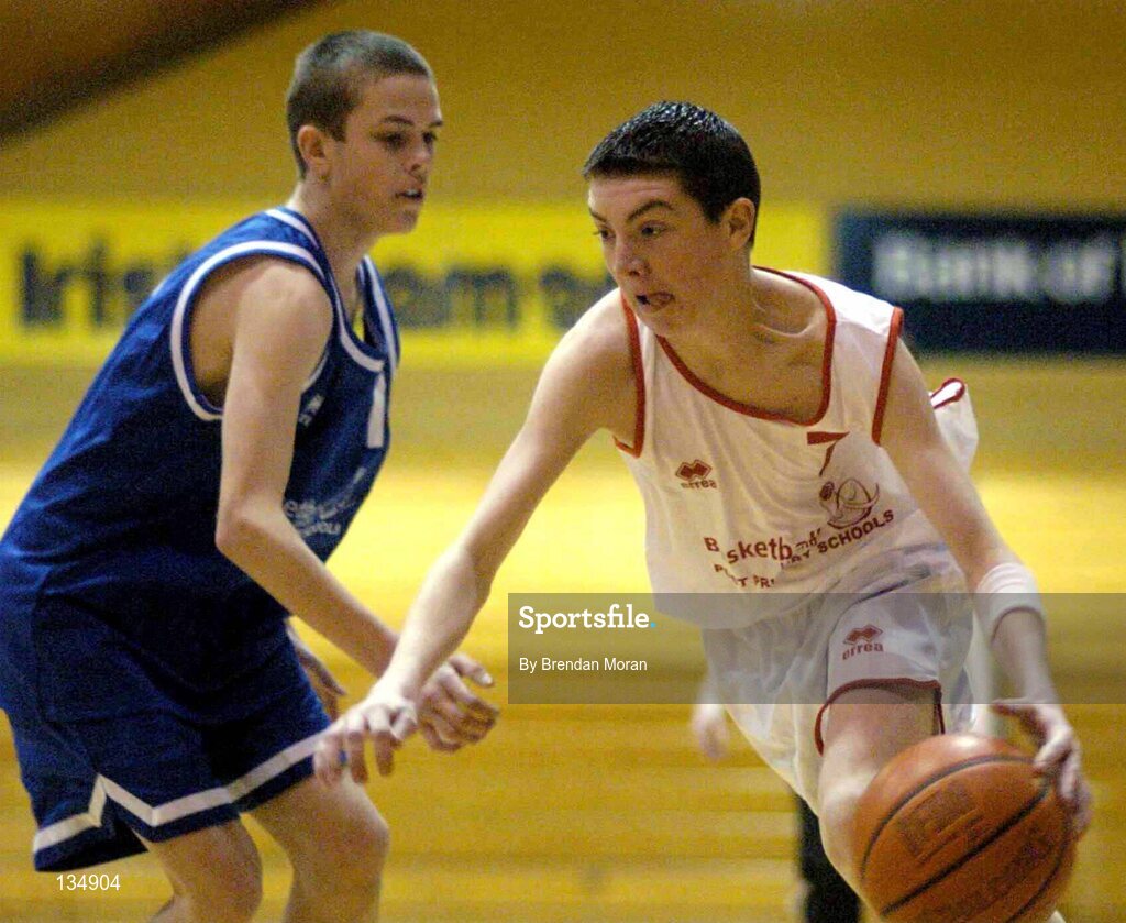 23 March 2004; Kevin Cahill, St Pat's, Shannon, in action against Curnan Reidy, Dunshaughlin. All-Ireland Schoolboys Basketball League, U16 'C'  Final, Dunshaughlin Community College, Meath v St Pat's, Shannon, Co. Clare, ESB Arena, Tallaght, Dublin. Picture credit; Brendan Moran / SPORTSFILE *EDI*