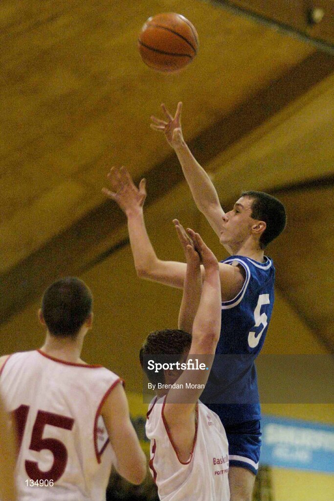 23 March 2004; Lorcan Browne, Dunshaughlin, in action against Duane Horkin and Stephen Monaghan (15), St Pat's, Shannon. All-Ireland Schoolboys Basketball League, U16 'C'  Final, Dunshaughlin Community College, Meath v St Pat's, Shannon, Co. Clare, ESB Arena, Tallaght, Dublin. Picture credit; Brendan Moran / SPORTSFILE *EDI*