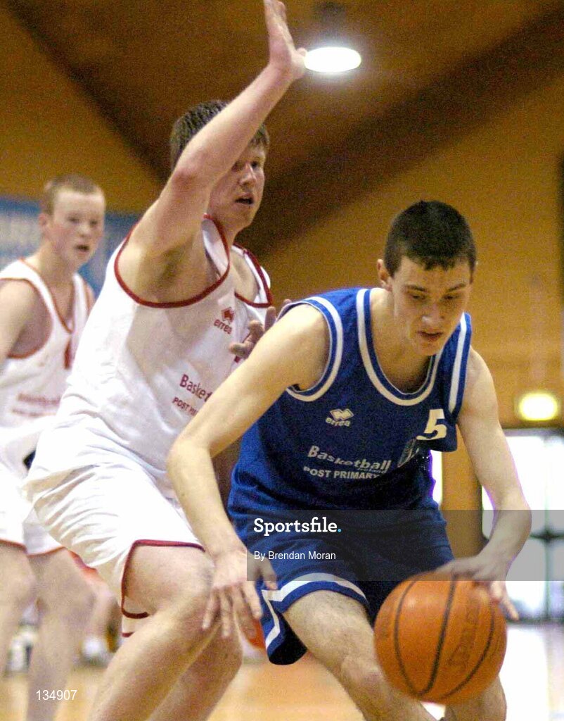 23 March 2004; Lorcan Browne, Dunshaughlin, in action against Duane Horkin, St Pat's, Shannon. All-Ireland Schoolboys Basketball League, U16 'C'  Final, Dunshaughlin Community College, Meath v St Pat's, Shannon, Co. Clare, ESB Arena, Tallaght, Dublin. Picture credit; Brendan Moran / SPORTSFILE *EDI*