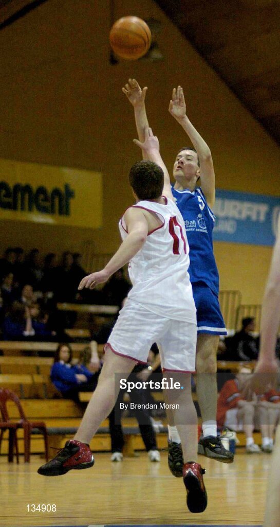 23 March 2004; Lorcan Browne, Dunshaughlin, in action against Duane Horkin, St Pat's, Shannon. All-Ireland Schoolboys Basketball League, U16 'C'  Final, Dunshaughlin Community College, Meath v St Pat's, Shannon, Co. Clare, ESB Arena, Tallaght, Dublin. Picture credit; Brendan Moran / SPORTSFILE *EDI*