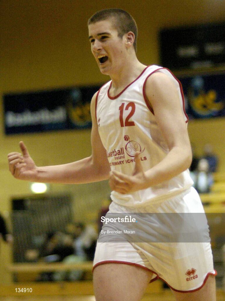 23 March 2004; St Pat's captain Damien Power celebrates victory at the final whistle. All-Ireland Schoolboys Basketball League, U16 'C'  Final, Dunshaughlin Community College, Meath v St Pat's, Shannon, Co. Clare, ESB Arena, Tallaght, Dublin. Picture credit; Brendan Moran / SPORTSFILE *EDI*