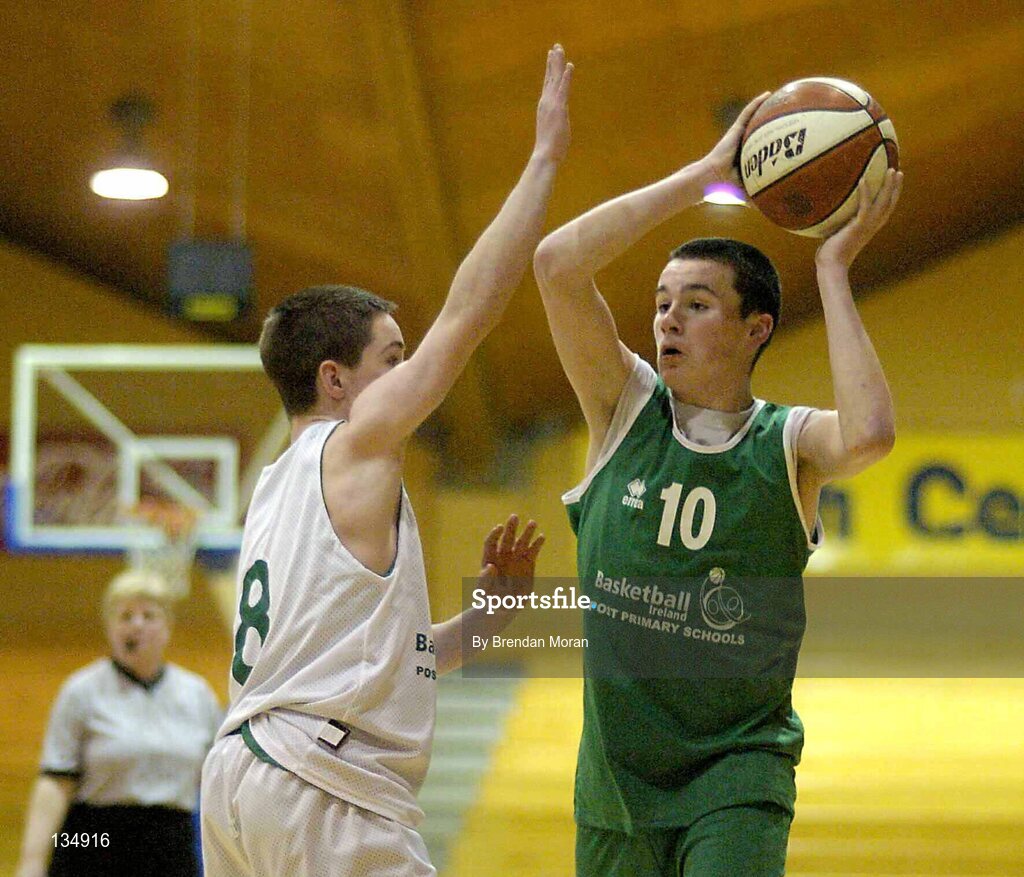 23 March 2004; Gerard Myles, Ard Scoil Ris, in action against Thomas Mahon, St Nathy's. All-Ireland Schoolboys Basketball League, U16 'B'  Final, St Nathy's, Ballaghdireen,  Co. Roscommon v Ard Scoil Ris, Limerick, ESB Arena, Tallaght, Dublin. Picture credit; Brendan Moran / SPORTSFILE *EDI*