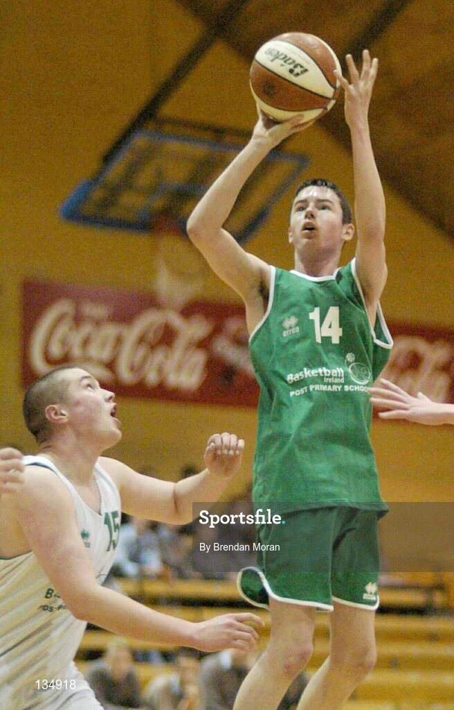 23 March 2004; Paul Cummins, Ard Scoil Ris, in action against Philip Craig, St Nathy's. All-Ireland Schoolboys Basketball League, U16 'B'  Final, St Nathy's, Ballaghdireen,  Co. Roscommon v Ard Scoil Ris, Limerick, ESB Arena, Tallaght, Dublin. Picture credit; Brendan Moran / SPORTSFILE *EDI*