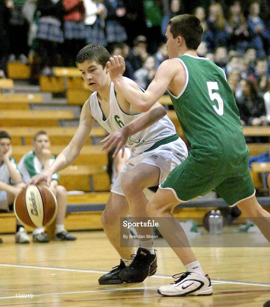 23 March 2004; Philip Rogers, St Nathy's, in action against Jack Gleeson, Ard Scoil Ris. All-Ireland Schoolboys Basketball League, U16 'B'  Final, St Nathy's, Ballaghdireen,  Co. Roscommon v Ard Scoil Ris, Limerick, ESB Arena, Tallaght, Dublin. Picture credit; Brendan Moran / SPORTSFILE *EDI*