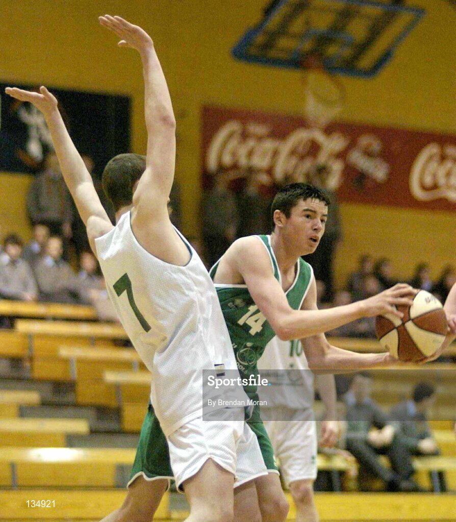 23 March 2004; Paul Cummins, Ard Scoil Ris, in action against Liam Morris, St Nathy's. All-Ireland Schoolboys Basketball League, U16 'B'  Final, St Nathy's Co. Roscommon v Ard Scoil Ris, Limerick, ESB Arena, Tallaght, Dublin. Picture credit; Brendan Moran / SPORTSFILE *EDI*