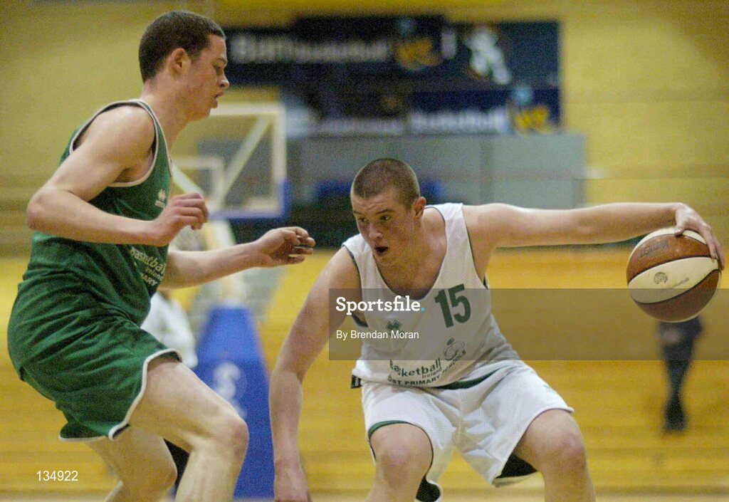 23 March 2004; Philip Craig, St Nathy's, in action against Ben Honan, Ard Scoil Ris. All-Ireland Schoolboys Basketball League, U16 'B'  Final, St Nathy's, Ballaghdireen,  Co. Roscommon v Ard Scoil Ris, Limerick, ESB Arena, Tallaght, Dublin. Picture credit; Brendan Moran / SPORTSFILE *EDI*